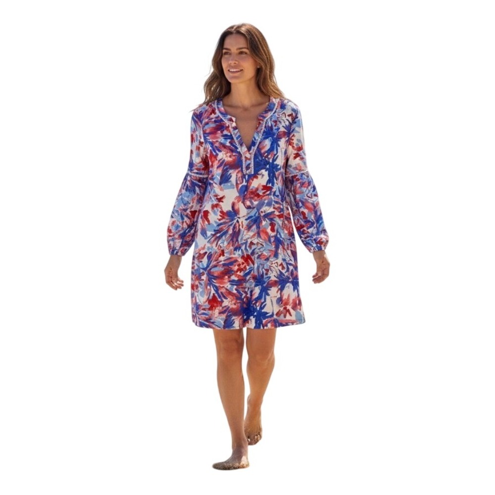 Aryeh Blue Red Floral UPF protection Medium Cover up Dress Fringe long sleeve